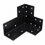 Black three way corner pergola bracket connecting an upright timber post and two horizontal beams