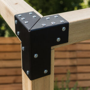 Black three way corner pergola bracket connecting an upright timber post and two horizontal beams