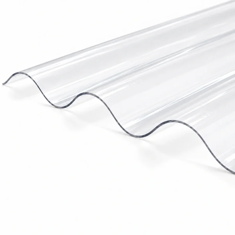 Clear CorruTuf polycarbonate roofing sheet showing the rounded 76/18 corrugated profile