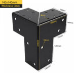 Black three way corner pergola bracket connecting an upright timber post and two horizontal beams