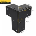 Black three way corner pergola bracket connecting an upright timber post and two horizontal beams