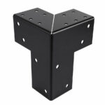 Black three way corner pergola bracket connecting an upright timber post and two horizontal beams