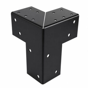 Black three way corner pergola bracket connecting an upright timber post and two horizontal beams